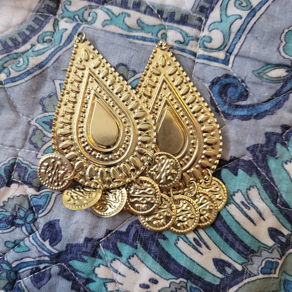 "Gold" Teardrop Earrings With Coins And Bellydance Headband
